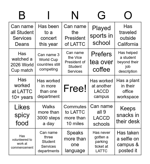 LATTC Student Services 2026 Bingo Card
