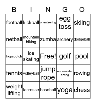 Charade Sports and Games Bingo Card