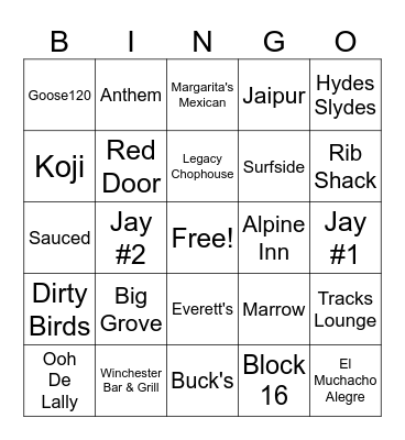 Restaurant Bingo Card