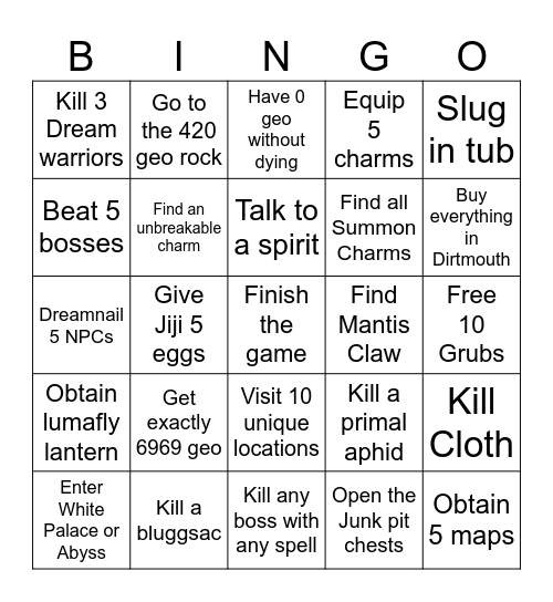 Hollow Knight Bingo Card