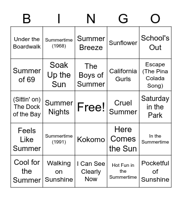 Summer Music Bingo Card
