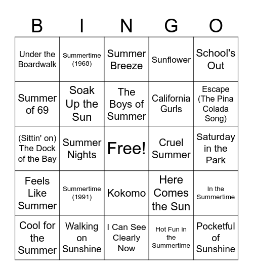 Summer Music Bingo Card