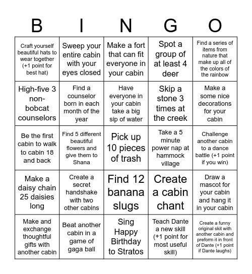 Each Challenge = 1 Point, Line = 3 Points Bingo Card