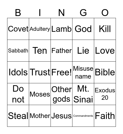 10 Commandments Bingo Card