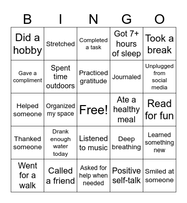 Mental Health Awareness Bingo Card