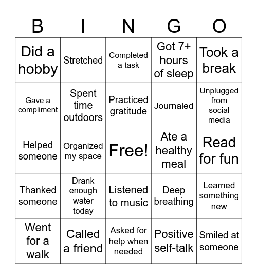 Mental Health Awareness Bingo Card