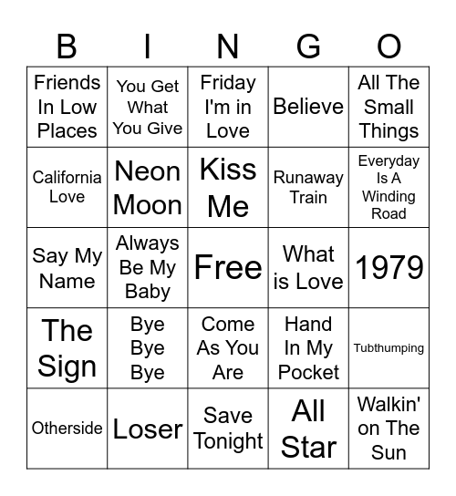 90's Hits 1 Bingo Card