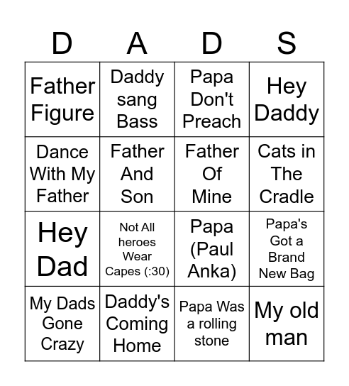 Fathers and Bingo Card