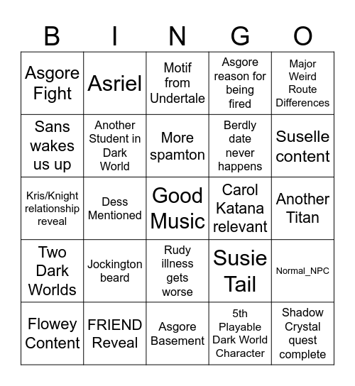 Deltarune Chapter 5 Bingo Card