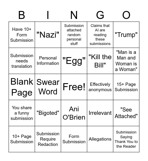 Submission Bingo Card