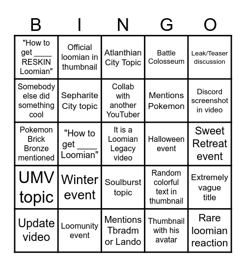 LeArmenti Loomian Legacy Videos Bingo Card