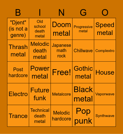 Favorite Music Genres Bingo Card