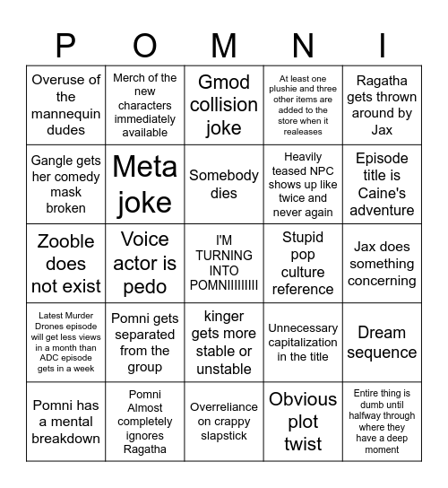 Amazing Digital Circus Bingo Card