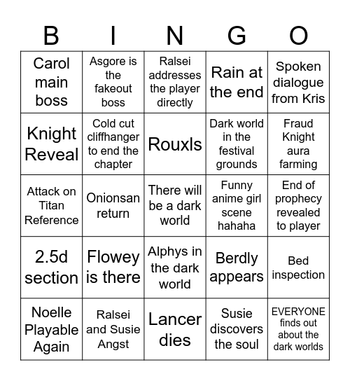 Deltarune Ch5 Bingo Card