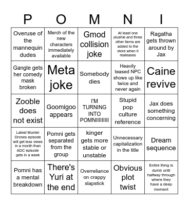 Amazing Digital Circus Bingo Card