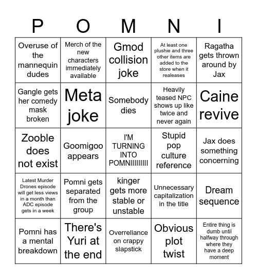 Amazing Digital Circus Bingo Card