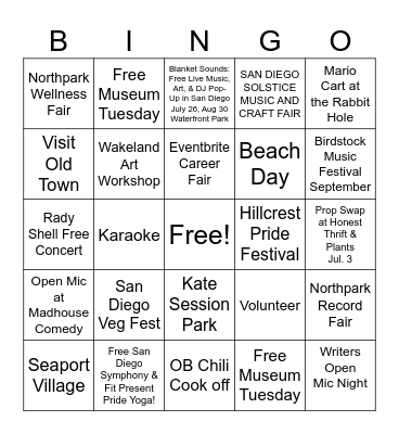 Free things to do in San Diego Bingo Card