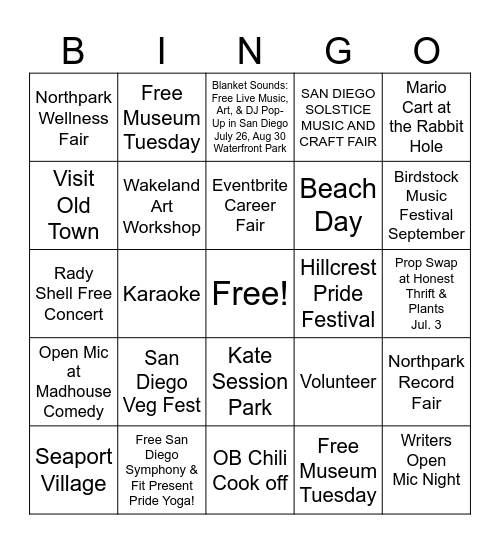 Free things to do in San Diego Bingo Card
