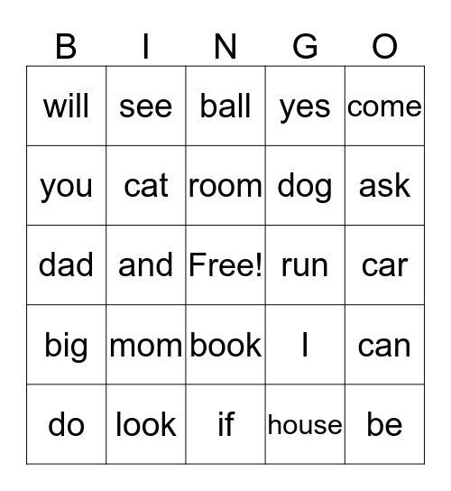 Simple Words Bingo Card