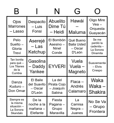 Eyveri Bingo Musical Bingo Card