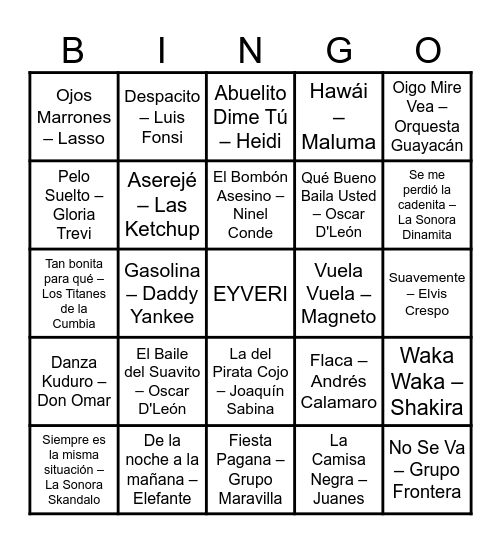 Eyveri Bingo Musical Bingo Card