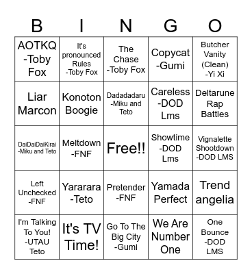 Fav Songs? Bingo Card