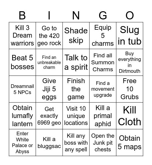 Hollow Knight Bingo Card
