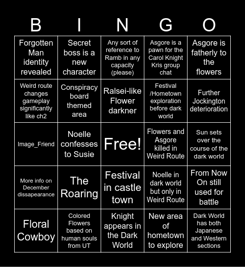 Deltarune Chaper 5 Bingo Card