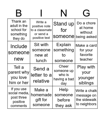Random Acts of Kindness Bingo Card