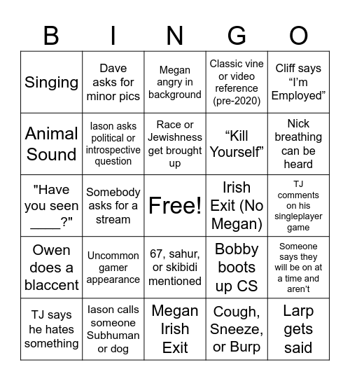 Benis Bingo Card