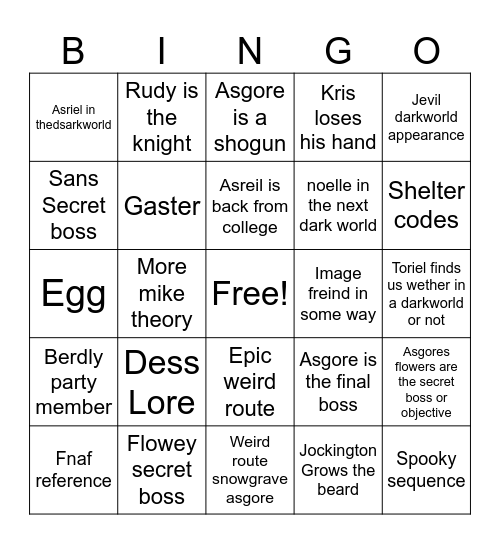 Deltarune chapter 5 Bingo Card