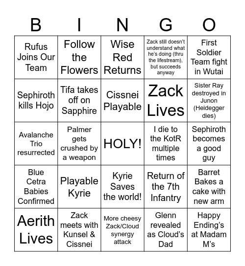 FFVII Revelations Bingo Card