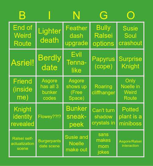 deltarune Chapter 5 Predictions Bingo Card