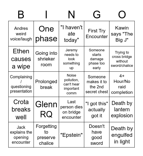 Crota's End Bingo Card