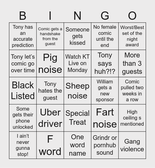 KillTony Bingo Card