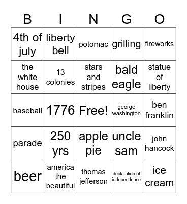HAPPY BIRTHDAY AMERICA!! Bingo Card