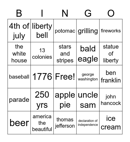 HAPPY BIRTHDAY AMERICA!! Bingo Card