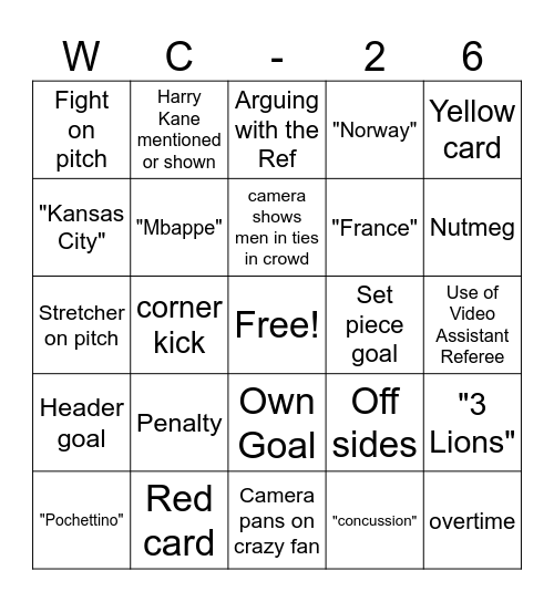 WC Bingo 1 July Bingo Card