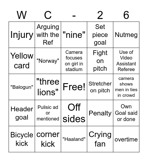 WC Bingo 5 July Bingo Card