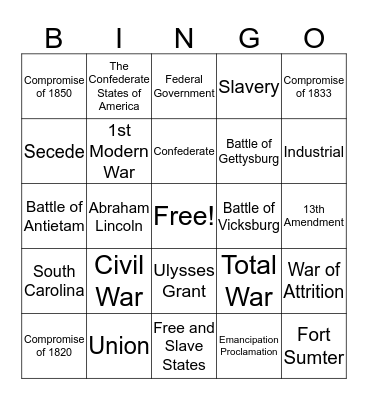 Civil War Bingo Card