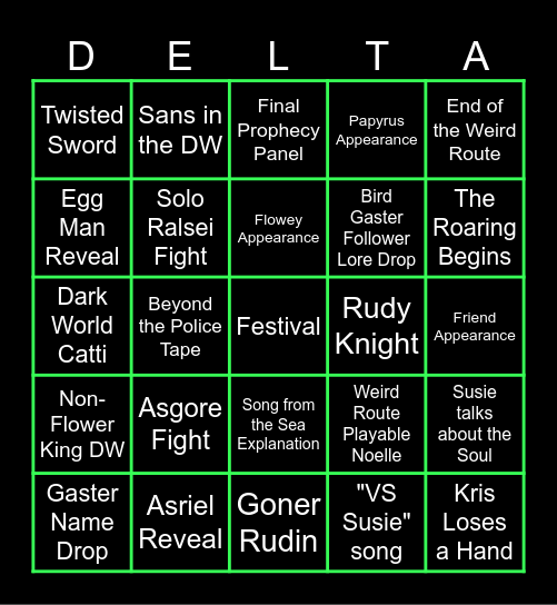 Deltarune Chapter 5 Bingo Card