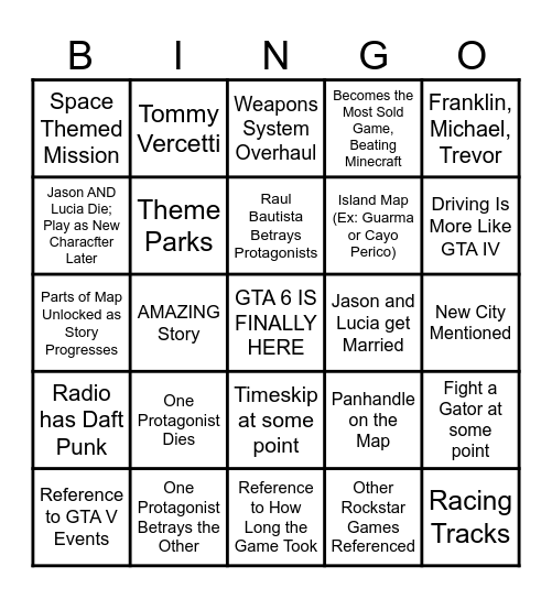 GTA VI Bingo Card