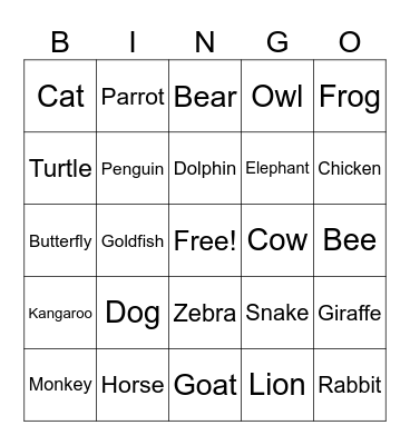 Animal BINGO Card