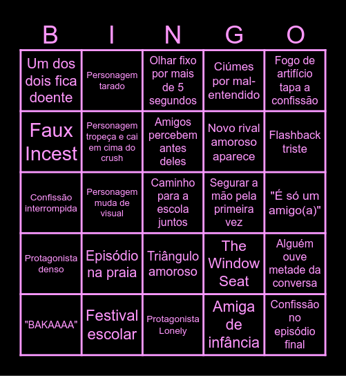 Romance Anime Bingo Card