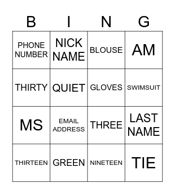 ENGLISH 1 Bingo Card