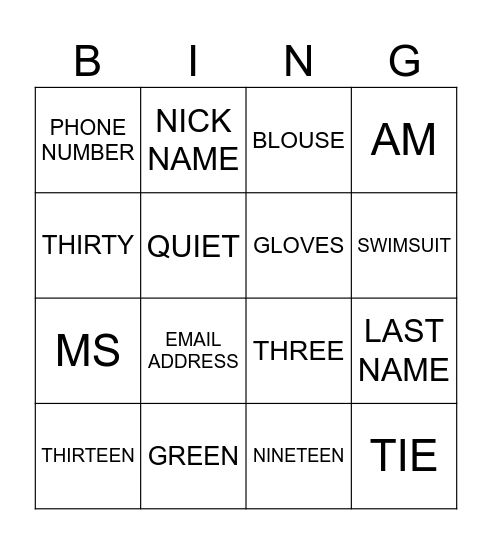 ENGLISH 1 Bingo Card