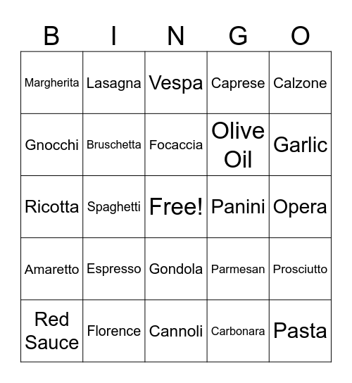 Italian Bingo Card