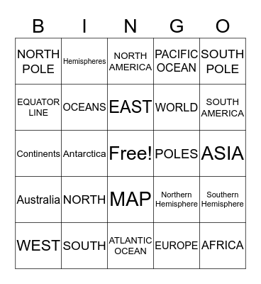 CONTINENTS AND OCEANS Bingo Card