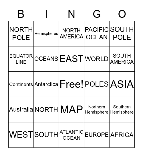 CONTINENTS AND OCEANS Bingo Card
