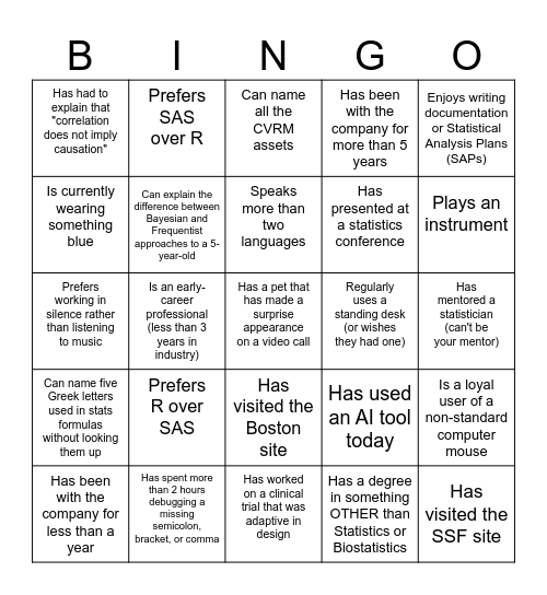 Biostat Lunch and Learn Bingo Card